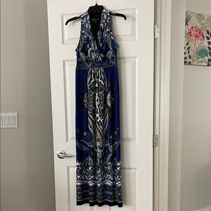 Valerie Bertinelli Navy and White Paisley Maxi Dress